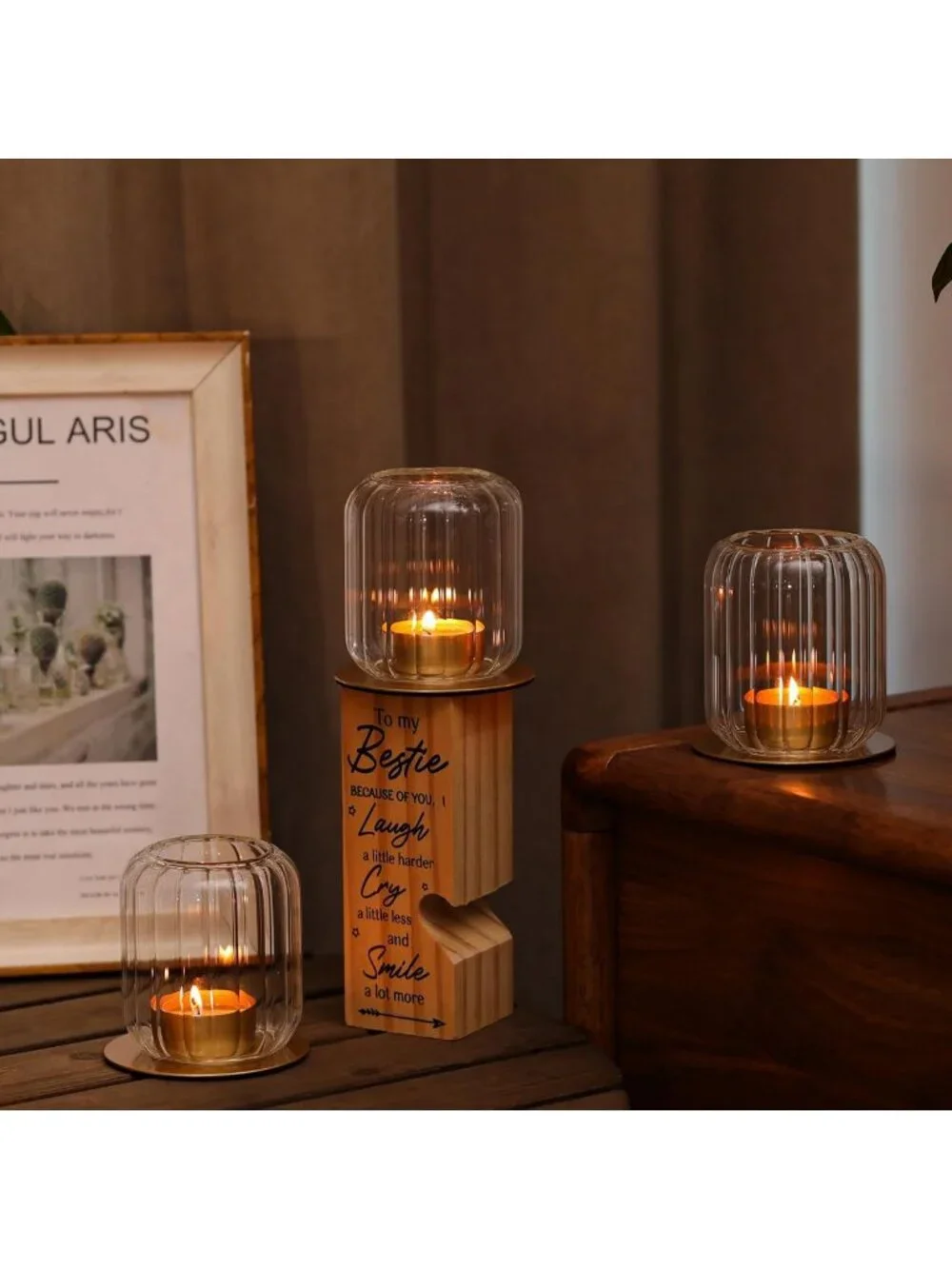 Set of 2 Lantern Style Tealight Candle Holders - Clear Glass & Metal Base